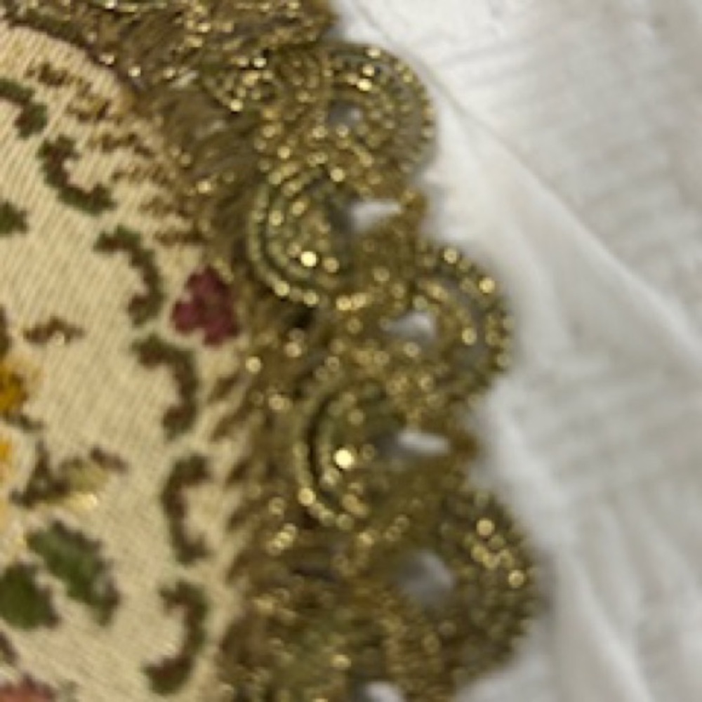 2-Antique Victorian Metallic Doilies ~ Gold Tone Netting Trim Floral Tapestry - Picture 6 of 8